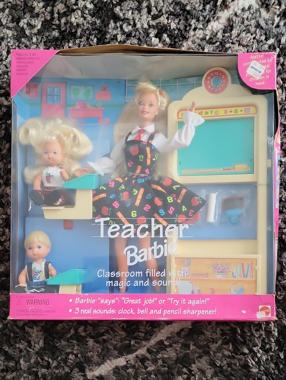 Mattel Barbie Teacher Doll in Black Dress with Multicolor Print With 2 Students